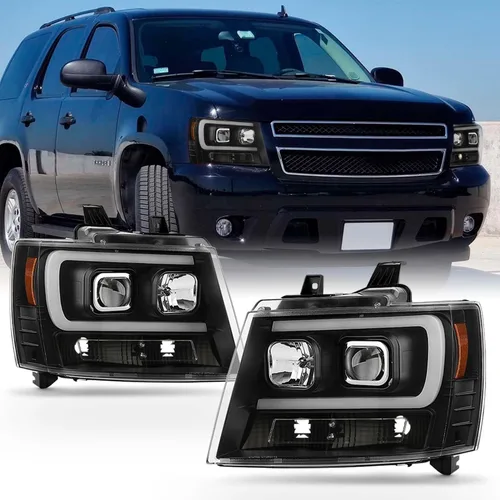 AKKON - Compatible con 2007-14 Chevy Tahoe Suburban 1500/2500 07-13 Avalanche Proyector LED [barra de tubo C] Par de faros negros izquierdo+derecho