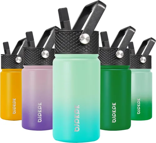 Miniatura 66 de BJPKPK Botella de agua aislada con tapa con pajilla, bonitas botellas de agua de 15 onzas, termo de metal de acero inoxidable, vasos reutilizables