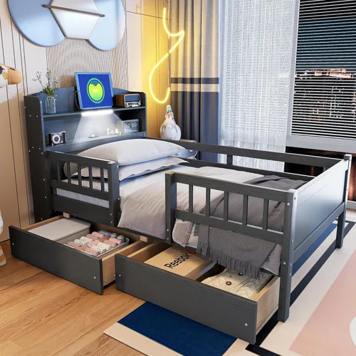 Miniatura 29 de VilroCaz Moderna cabecera de almacenamiento de cama de tamaño individual y barandilla de seguridad para niños, base de cama de plataforma de madera