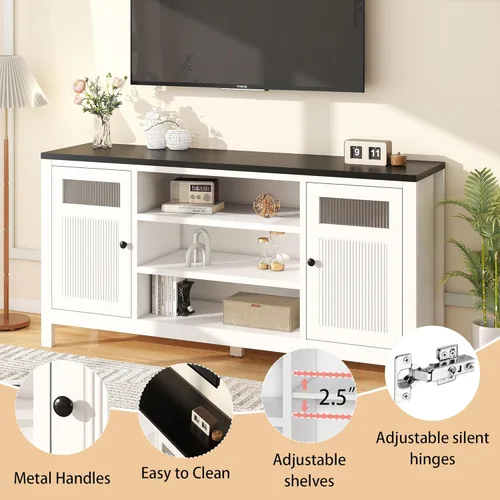 Miniatura 5 de Soporte de TV blanco con almacenamiento: centro de entretenimiento de 63 pulgadas de alto para televisores de hasta 70 pulgadas, consolas de TV