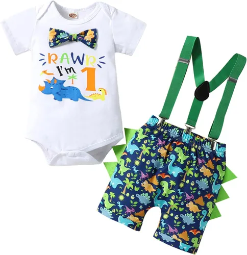 Miniatura 31 de Ropa divertida para el primer cumpleaños para bebé, ropa para bebé, con corbatín, mameluco, pantalones, conjunto de tirantes, trajes de pastel