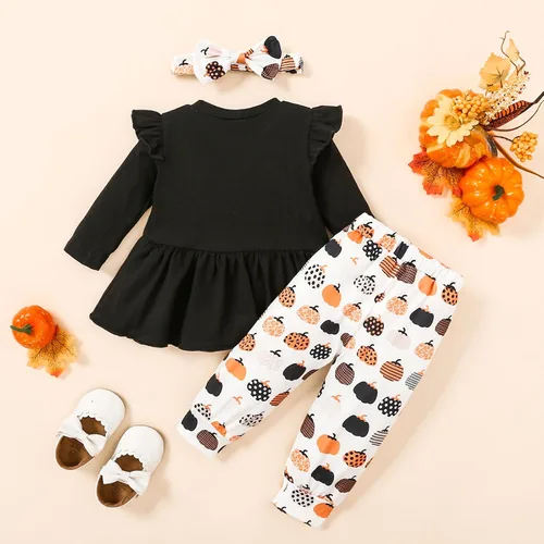 Miniatura 5 de Noubeau My 1st Halloween Baby Girl Outfits Ruffle Pumpkin Print Túnica Drees Camisa Pantalones Rayas Legging Otoño Invierno Ropa