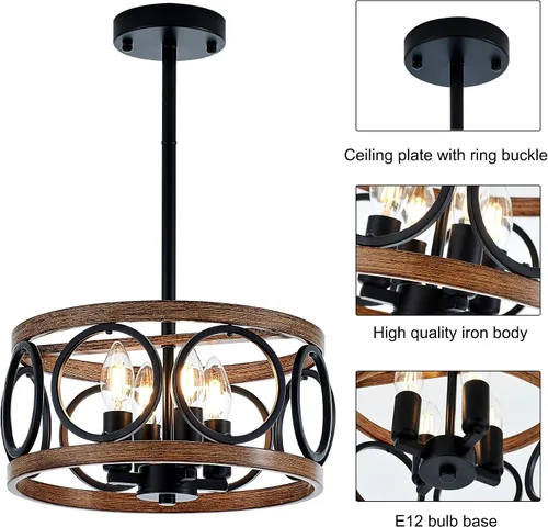 Miniatura 8 de Lámpara colgante de tambor de granja de 4 luces, 12.6 pulgadas, textura de madera natural, candelabros rústicos vintage, lámparas colgantes 12.6in-4
