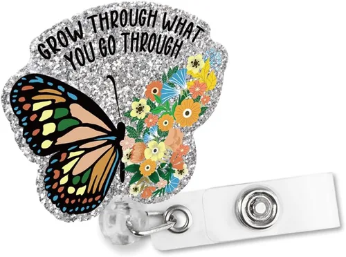 Carrete retráctil de insignia con purpurina Grow Through What You Go Through con clip de cocodrilo, divertido soporte de insignia inspirador, regalo