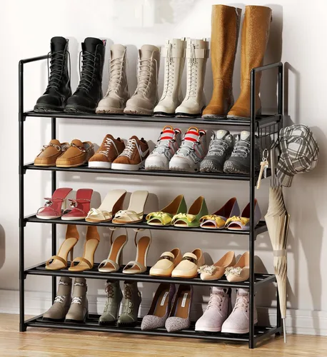 Miniatura 9 de Organizador de zapatos de metal, zapatero de 5 niveles con ganchos, se adapta a 20-25 pares, estante de zapatos ajustable para entrada, pasillo
