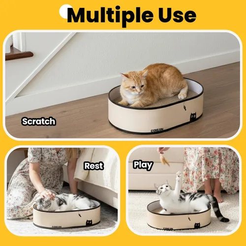 Miniatura 3 de Conlun Caja rascador para gatos con 4 tablas de rascar para gatos, almohadilla reversible para arañazos para gatos, cartón corrugado resistente