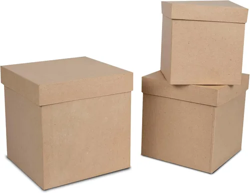 Cajas de papel maché cuadradas con tapas (juego de 3) - Cajas de regalo marrón de papel kraft anidadas - Caja de papel maché apilable para