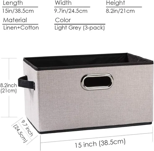 Miniatura 6 de PRANDOM Contenedores Grandes de Almacenamiento Plegables para Armario [Paquete de 3] Cubos Decorativos de Tela de Lino con Asas de Cuero/Metal