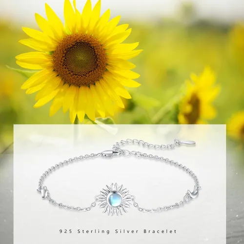 Miniatura 6 de CUOKA MIRACLE Pulseras de sol de piedra lunar, pulsera de plata de ley 925 de 7 pulgadas + 2 pulgadas, pulsera de cadena de eslabones ajustables