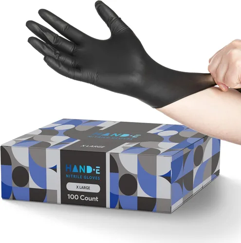 Hand-E Touch Black Nitrile Disposable Gloves -BBQ, Tattoo, Hair Dye, Cooking, Mechanic Gloves - Powder and Latex Free