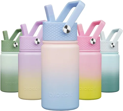 Miniatura 91 de BJPKPK Botella de agua aislada con tapa con pajilla, bonitas botellas de agua de 15 onzas, termo de metal de acero inoxidable, vasos reutilizables