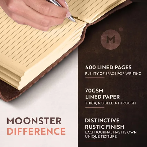 Miniatura 3 de Diario de cuero con papel para cuaderno rayado - MOONSTER® Diarios encuadernados en cuero para escribir para mujeres y hombres, 18x13cm Cuadernos