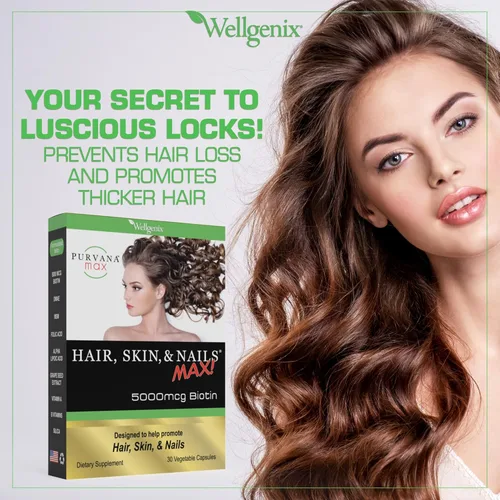 Miniatura 5 de Purvana Max Vitamina para el cabello, la piel y las uñas, 5000 mcg, biotina, ácido fólico, DMAE, extracto de semilla de uva, uno al día, soporte