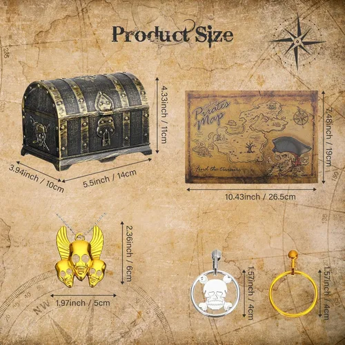 Miniatura 2 de Enhon Caja de juguetes de cofre del tesoro pirata de 147 piezas con cerradura y 1 mapa del tesoro, 100 gemas coloridas, 40 monedas de pirata, 4