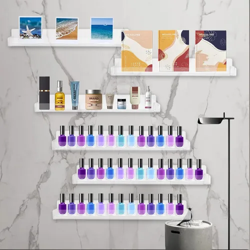 Miniatura 6 de Paquete de 6 estantes de esmalte de uñas, estante organizador montado en la pared con inserciones de extremo antideslizantes extraíbles, soporte