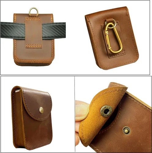 Miniatura 6 de Funda de cuero genuino, caja de cartas de juego de una sola cubierta, bolsa de cuero multiusos con clip para cinturón para llevar tarjetas, Marrón