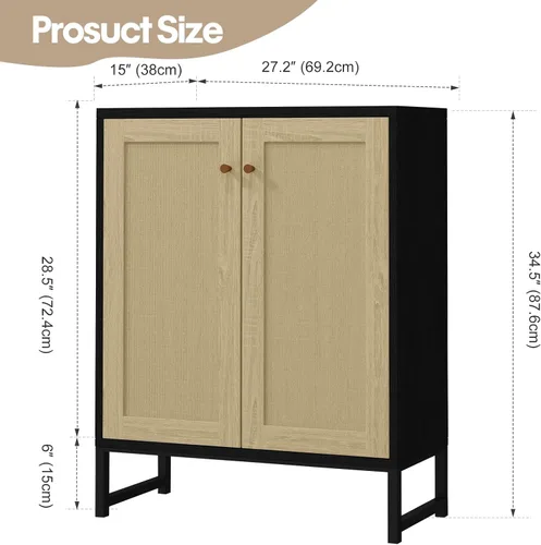 Miniatura 3 de Panana Gabinete de almacenamiento de ratán decorado con 2 puertas, gabinete de acento para sala de estar, armario de cocina, aparador de buffet Negro