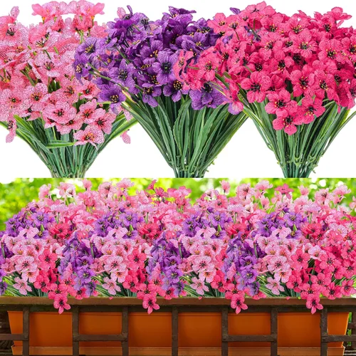 Miniatura 15 de Jutom 24 piezas de flores artificiales para decoración al aire libre, flores sintéticas de seda resistentes a los rayos UV, plantas a granel, Azul