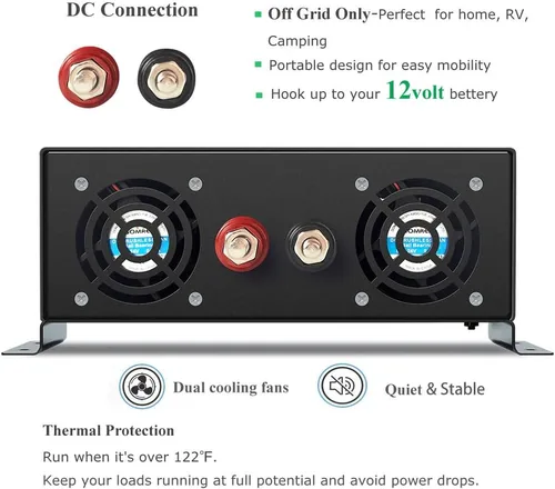 Miniatura 4 de WZRELB Inversor de onda sinusoidal pura continua de 1500W DC 12V a AC Inversor de potencia de coche 120V con puntos de alimentación dual de CA
