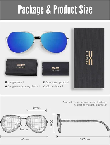 Miniatura 6 de Lentes para aviador Luenx polarizados para hombres y mujeres con armazón de metal grande protección UV 400