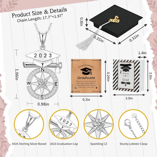 Miniatura 5 de Regalos de graduación 2023 de plata de ley S925 para escuela secundaria, brújula, regalo de graduación para niñas, mujeres, novia, amigas, hija