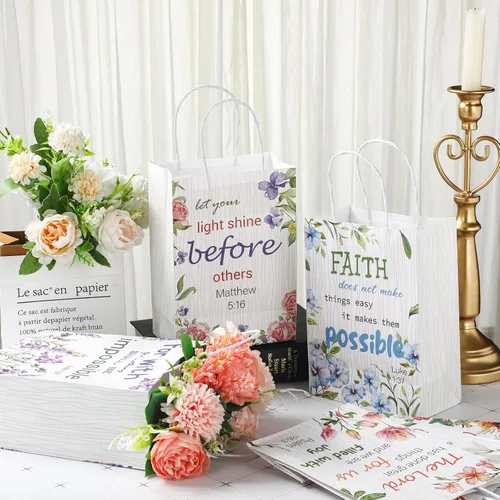 Miniatura 4 de Yeaqee 24 bolsas de regalo religiosas cristianas a granel con asas, 6 estilos reutilizables, flores religiosas, bautismo religioso, versículo