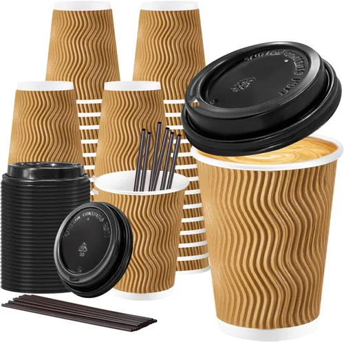 Miniatura 9 de Lamosi Tazas de café desechables de 8 onzas con tapas, paquete de 50 tazas de papel con aislamiento para llevar, con tapas y popotes, taza de pared