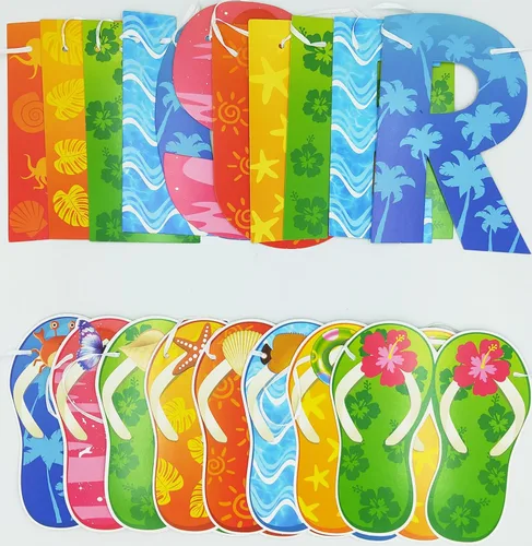 Miniatura 3 de Cartel de Hello Summer y colorido banner de verano hawaiano tropical playa piscina sandalias guirnalda banner verano vacaciones fiesta cumpleaños