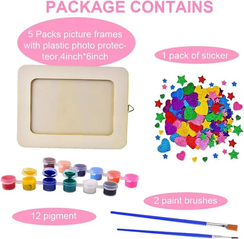 Miniatura 2 de Kit de manualidades de pintura de marco de fotos, 5 paquetes de marcos de fotos de madera de 6 x 8 pulgadas con soporte y protector transparente