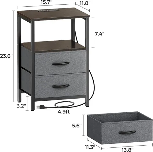 Miniatura 3 de Huuger - Mesita de noche con estación de carga, mesa auxiliar con 2 cajones de tela, mesa de centro con estante abierto, mesita de cama con puerto