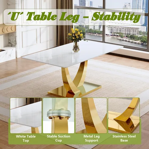 Miniatura 6 de Juego de mesa de comedor para 4, mesa de comedor de mármol sintético de 63 pulgadas con patas y base de acero inoxidable, sillas acolchadas