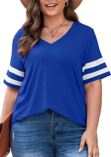Miniatura 41 de Eytino Blusas de talla grande para mujer, cuello en V, manga corta, a rayas, casual, holgada, con bolsillo (1X-5X)