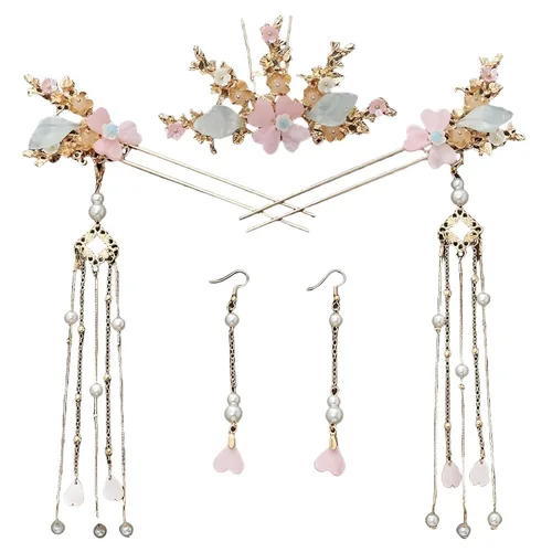 Juego de 5 accesorios para el cabello chino Hanfu, palitos de pelo con borlas florales rosas, peine con aretes, horquillas de pelo vintage con