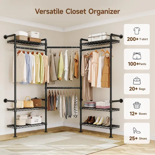 Miniatura 8 de L3 - Sistema de organizador de armario industrial de tuberías, perchero de pared con 4 varillas telescópicas y 6 estantes, sistema de armario Negro