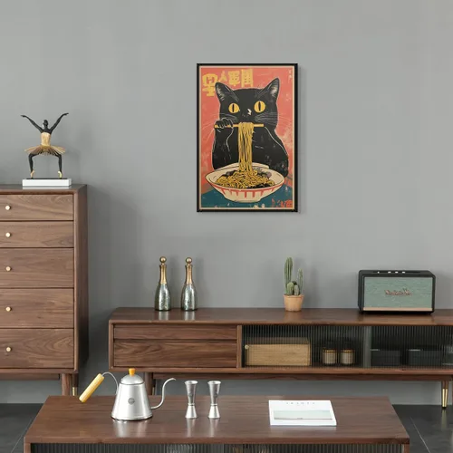 Miniatura 7 de Arte de pared vintage de gato japonés en lona, póster de gato negro peculiar comiendo ramen, impresión de arte retro de animales divertidos