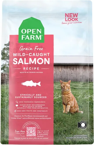 Open Farm Alimento seco para gatos sin granos de salmón capturado en la naturaleza, receta de salmón del Pacífico de origen responsable con