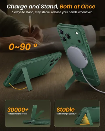 Miniatura 3 de Funda magnética para iPhone 17 Pro, soporte integrado y compatible con MagSafe y control de cámara, protección completa de la cámara, duradera, Verde