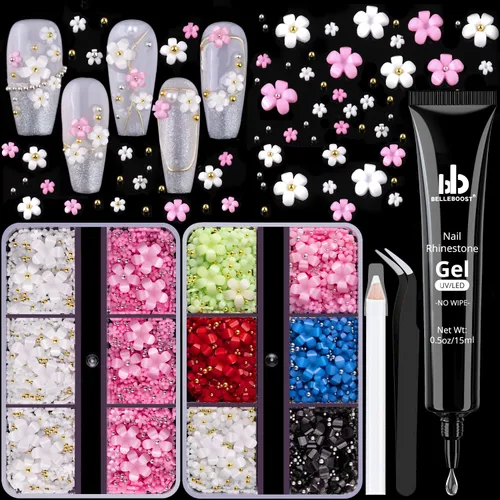 Miniatura 18 de Dijes para uñas 3D, kit de manicura con gel de pegamento de diamantes de imitación para uñas (curado UV), mariposa blanca rosa flor gemas AB 03-2