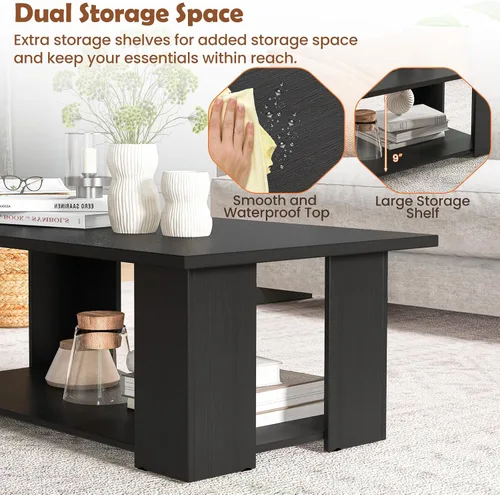 Miniatura 3 de Giantex Mesa central rectangular de madera, mesa de té moderna grande de 41 pulgadas y 2 niveles con compartimento abierto, fácil montaje, mesa