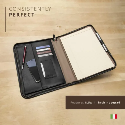 Miniatura 4 de Portafolio de cuero personalizado Maruse - Folio ejecutivo para hombres y mujeres con cremallera, organizador de documentos folio, funda para Negro