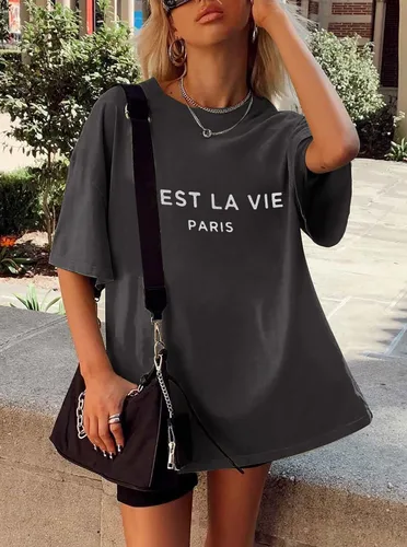 Miniatura 2 de CSDAJIO Camiseta holgada de manga corta para mujer, estilo casual, de gran tamaño, cuello redondo, con estampado de verano
