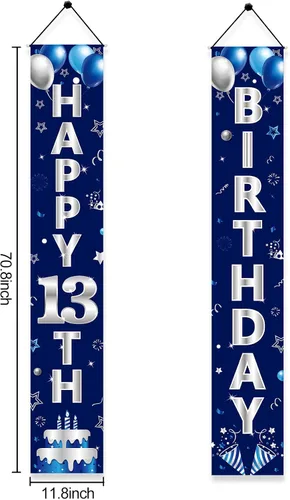 Miniatura 2 de Turypaty Cartel azul plateado para puerta de cumpleaños número 13, pancarta de feliz cumpleaños 13 para niños, suministros de fiesta de cumpleaños