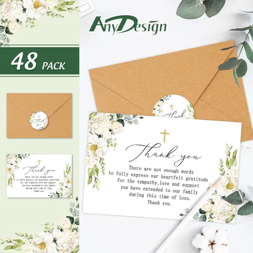 Miniatura 3 de AnyDesign Paquete de 48 tarjetas de agradecimiento fúnebres con calcomanías, sobres, tarjeta de duelo con cruz de flores con mensaje para servicio
