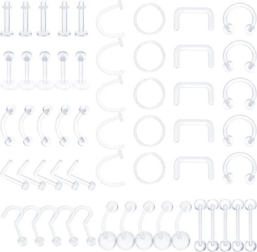 Yolev Juego de 55 piercings de acrílico transparente: aretes para la nariz, aros para la nariz, anillos para el vientre, retenedores de tabique,