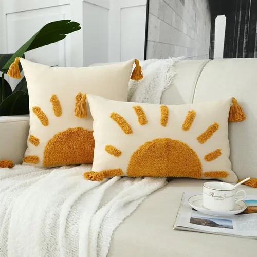 Miniatura 4 de Juego de 2 fundas de almohada bohemias de 18 x 18 pulgadas, fundas de almohada decorativas de sol con borlas, fundas de almohada modernas marroquíes