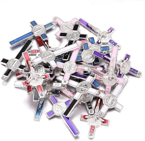 Miniatura 8 de Colgante de cruz esmaltada chapada en plata mixta para hacer joyas, collares, accesorios de joyería DIY, 0.827 in x 1.555 in (A625)