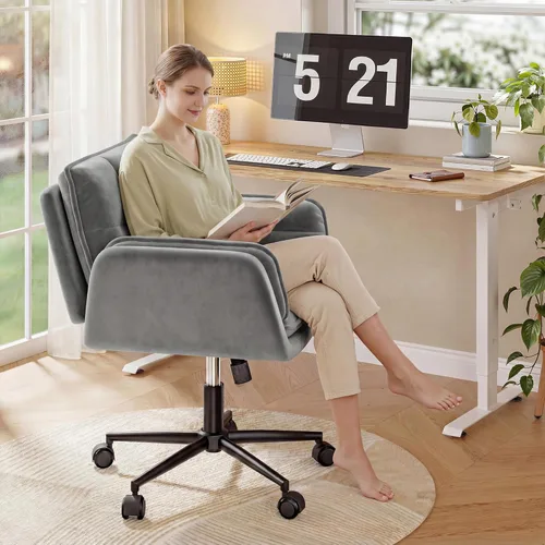 Miniatura 8 de Silla cruzada con ruedas, silla de oficina ergonómica con reposabrazos ajustables, silla de tocador con respaldo para dormitorio, sala de maquillaje