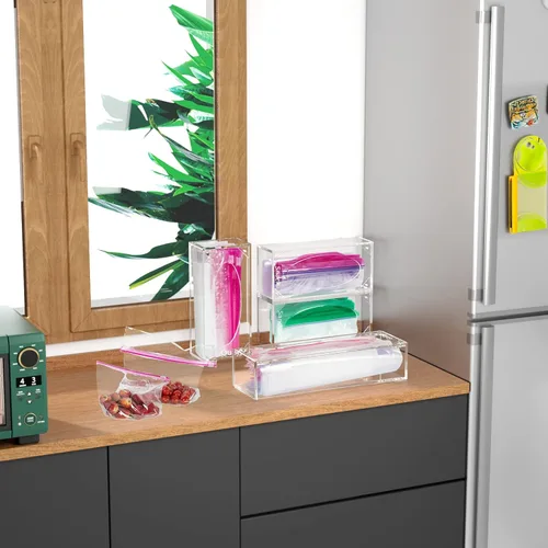 Miniatura 5 de FEMELI Organizador de almacenamiento de bolsas de alimentos, caja de acrílico para cajones de cocina, compatible con un galón, cuarto deslizante