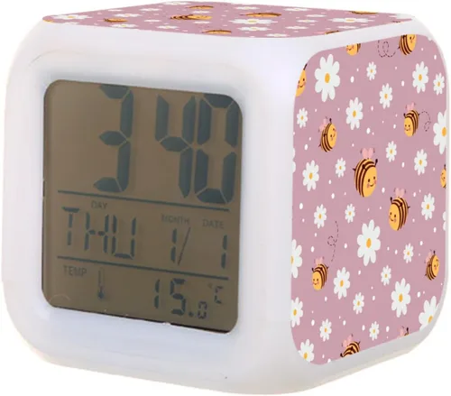 Reloj despertador digital, diseño de abejas y flores de dibujos animados, 7 colores cambiantes, reloj despertador digital con termómetro de fecha