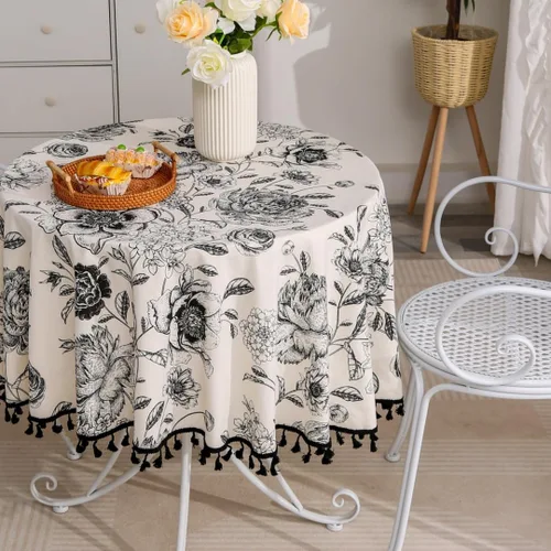 F-CHU Mantel redondo floral de lino de algodón de 60 pulgadas con borlas para restaurante, picnic, interior y decoración del hogar, floral (negro